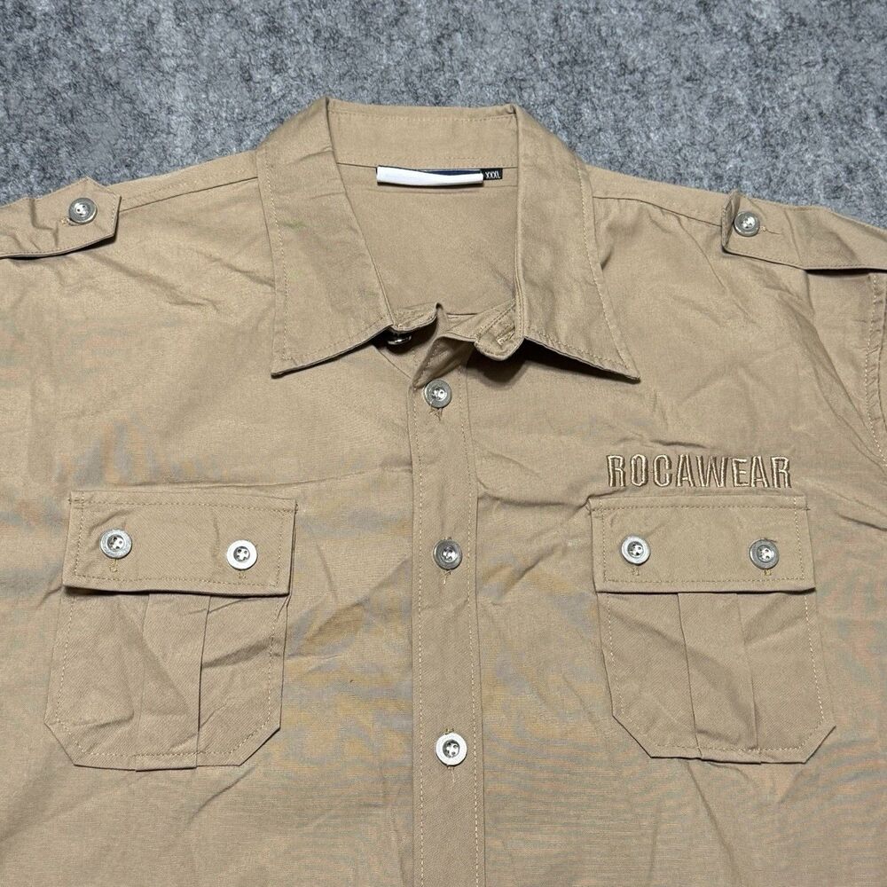 Vtg Y2K Rocawear Shirt Mens XXXL Tan Safari Military Button Down Jay Z Baggy 3XL